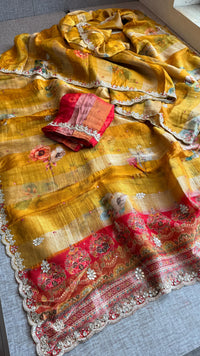 Digital Print Tissue Munga Silk Saree with Kasab Embroidery