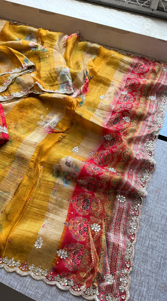 Digital Print Tissue Munga Silk Saree with Kasab Embroidery