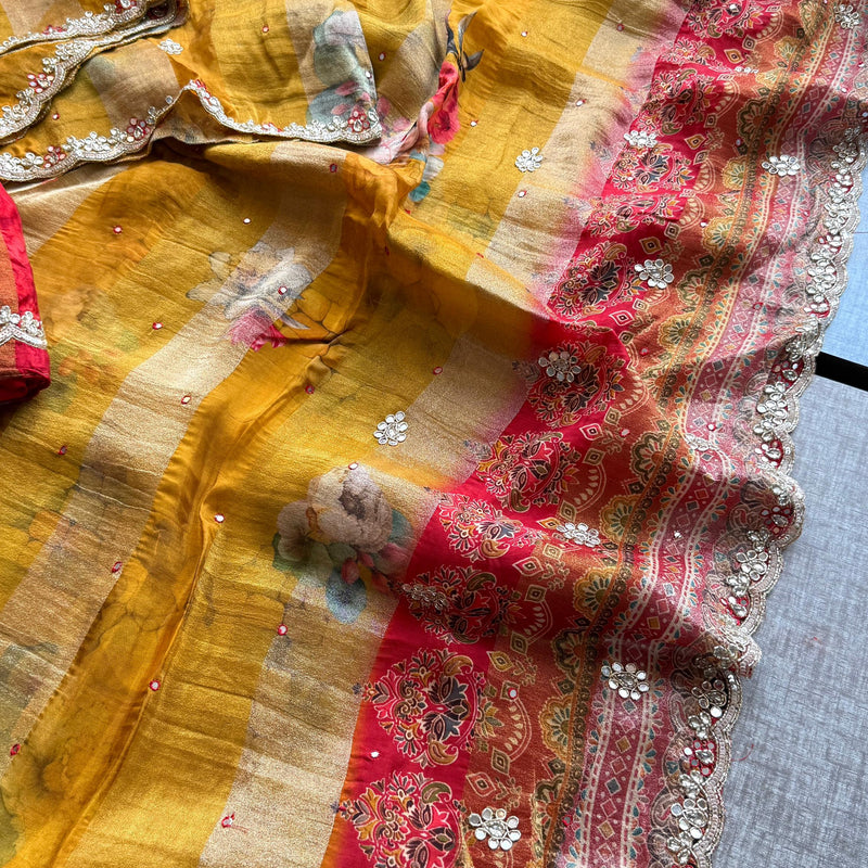 Digital Print Tissue Munga Silk Saree with Kasab Embroidery