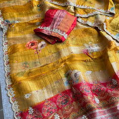 Digital Print Tissue Munga Silk Saree with Kasab Embroidery