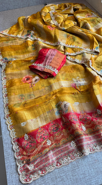 Digital Print Tissue Munga Silk Saree with Kasab Embroidery