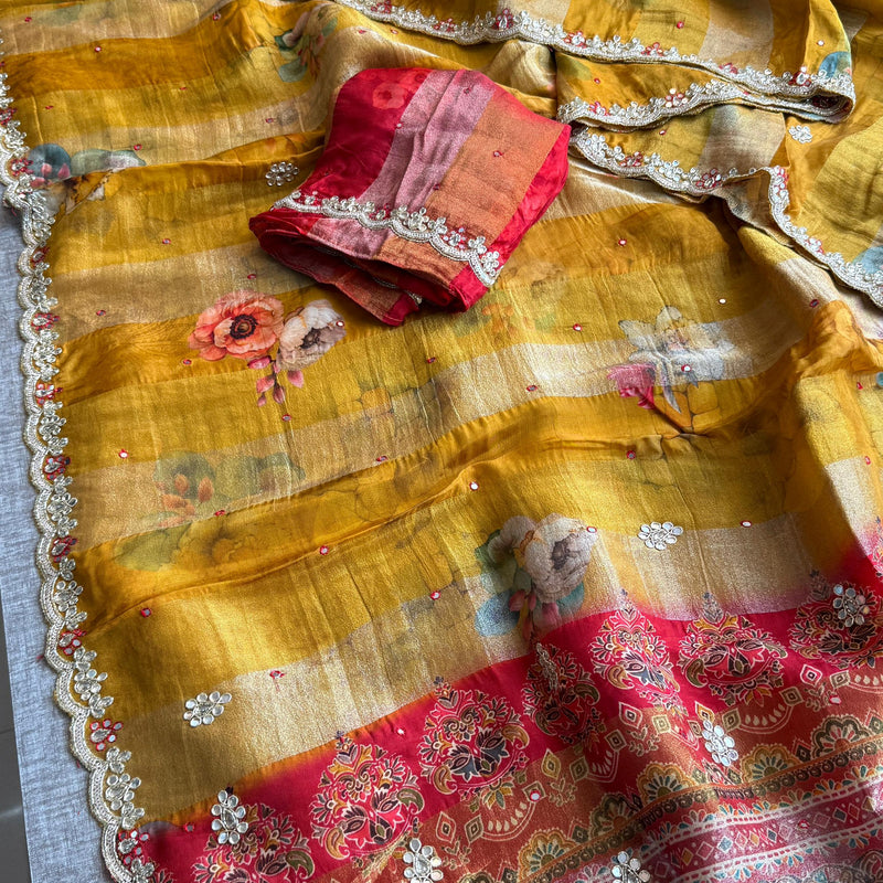 Digital Print Tissue Munga Silk Saree with Kasab Embroidery