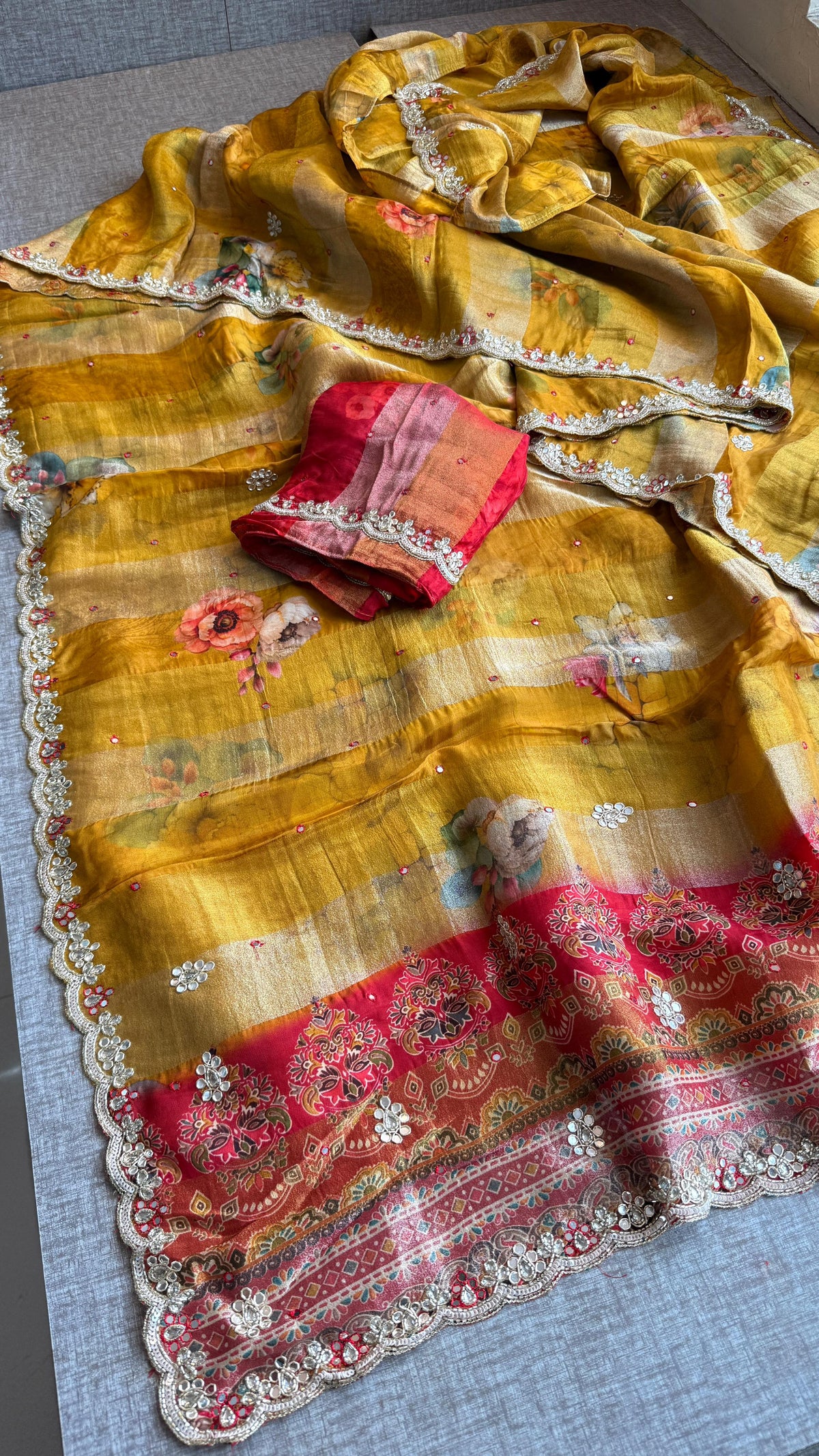 Digital Print Tissue Munga Silk Saree with Kasab Embroidery