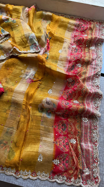Digital Print Tissue Munga Silk Saree with Kasab Embroidery
