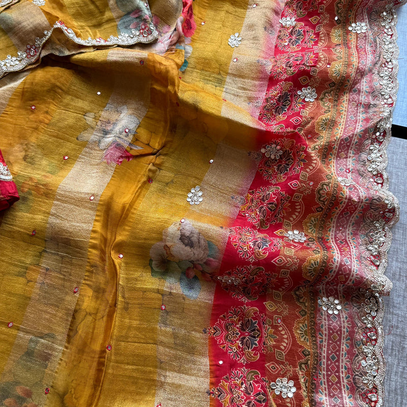 Digital Print Tissue Munga Silk Saree with Kasab Embroidery