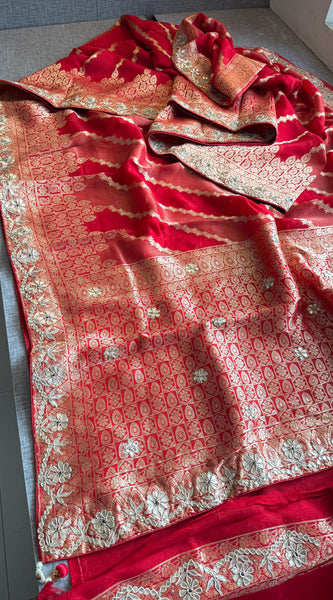 Pure Munga Silk Banarasi Wedding Saree with Zardozi & Pearl Work