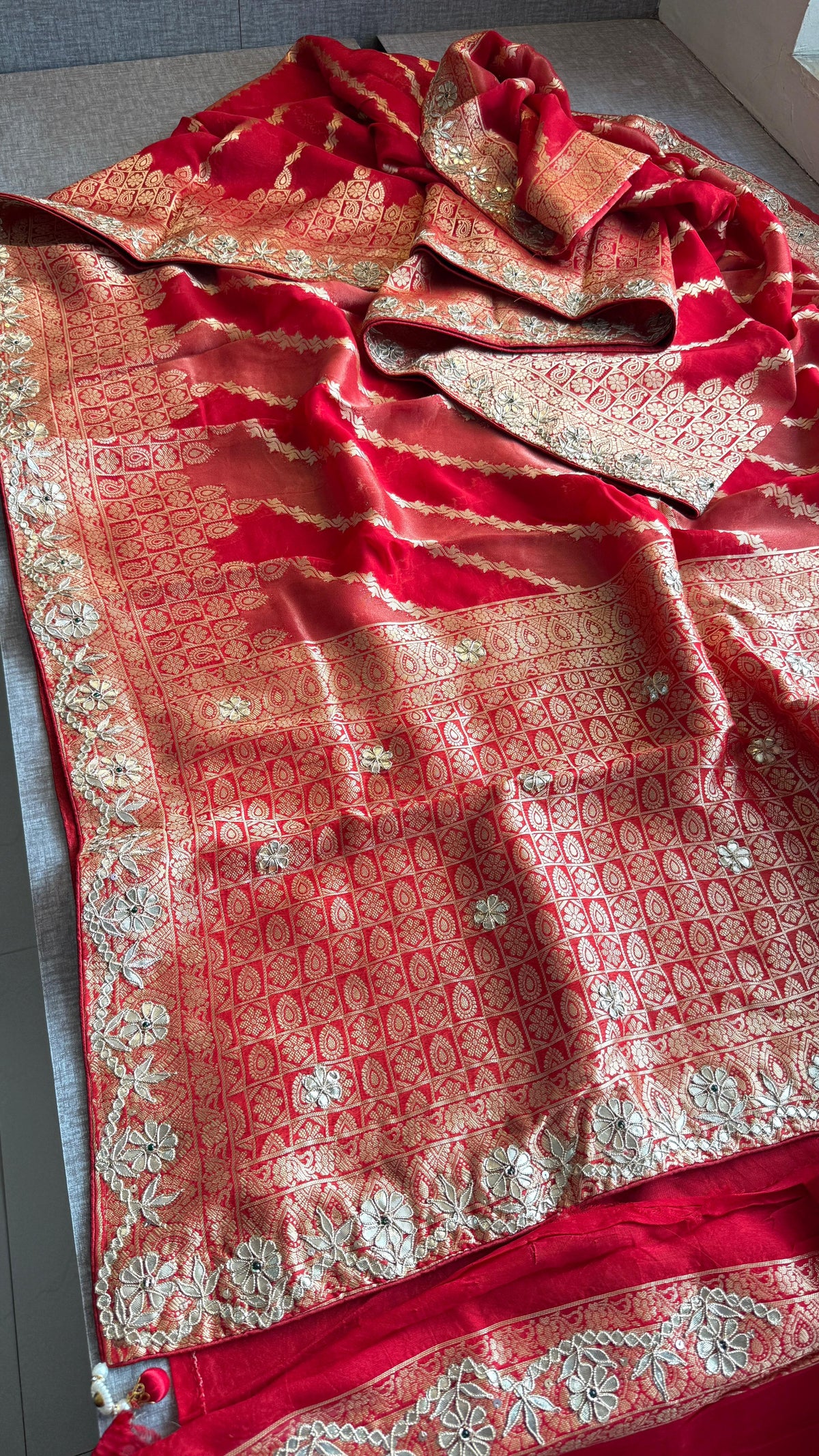 Pure Munga Silk Banarasi Wedding Saree with Zardozi & Pearl Work