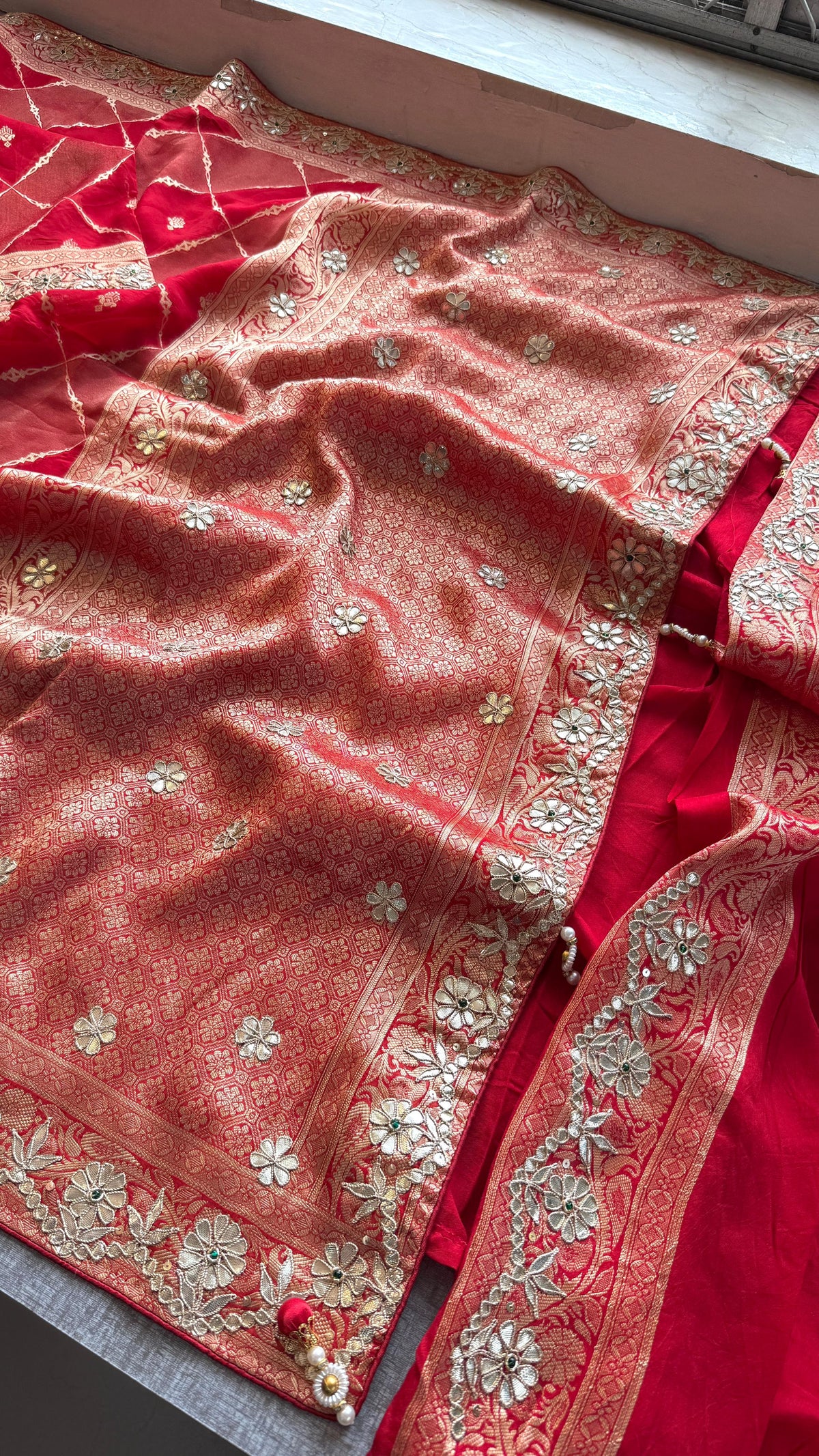 Pure Munga Silk Banarasi Wedding Saree with Zardozi & Pearl Work