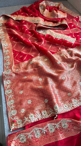 Pure Munga Silk Banarasi Wedding Saree with Zardozi & Pearl Work