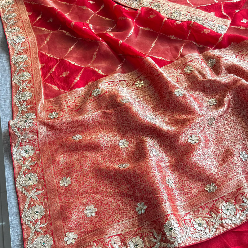 Pure Munga Silk Banarasi Wedding Saree with Zardozi & Pearl Work