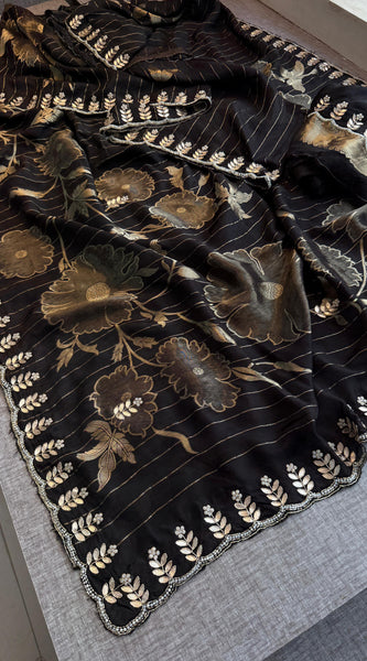 Pure Crepe Silk Banarasi Saree with Zardozi, Pearl & Sequins Work