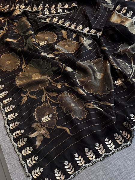 Pure Crepe Silk Banarasi Saree with Zardozi, Pearl & Sequins Work
