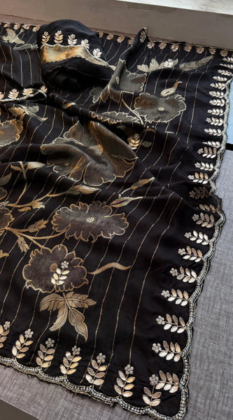 Pure Crepe Silk Banarasi Saree with Zardozi, Pearl & Sequins Work