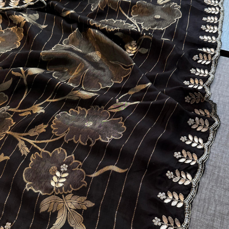 Pure Crepe Silk Banarasi Saree with Zardozi, Pearl & Sequins Work