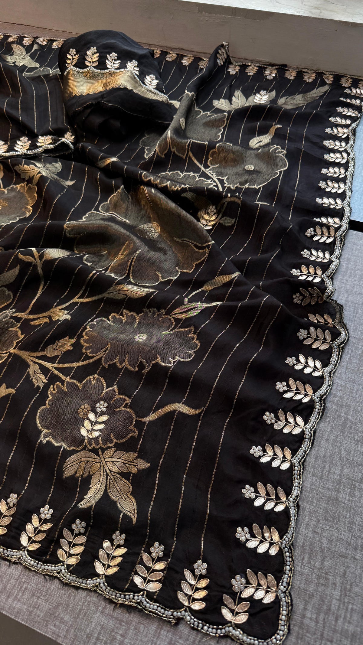 Pure Crepe Silk Banarasi Saree with Zardozi, Pearl & Sequins Work