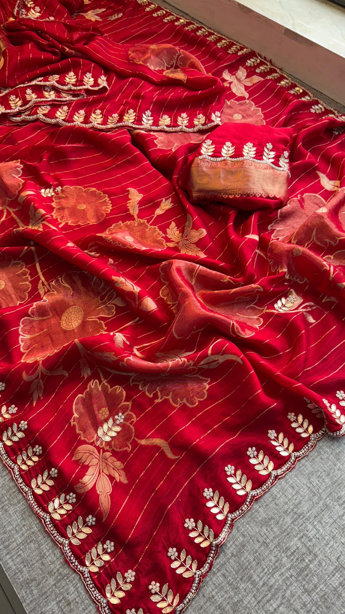 Pure Crepe Silk Banarasi Saree with Zardozi, Pearl & Sequins Work