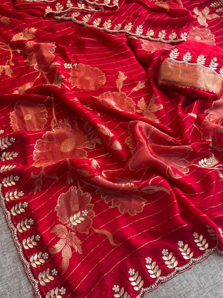 Pure Crepe Silk Banarasi Saree with Zardozi, Pearl & Sequins Work