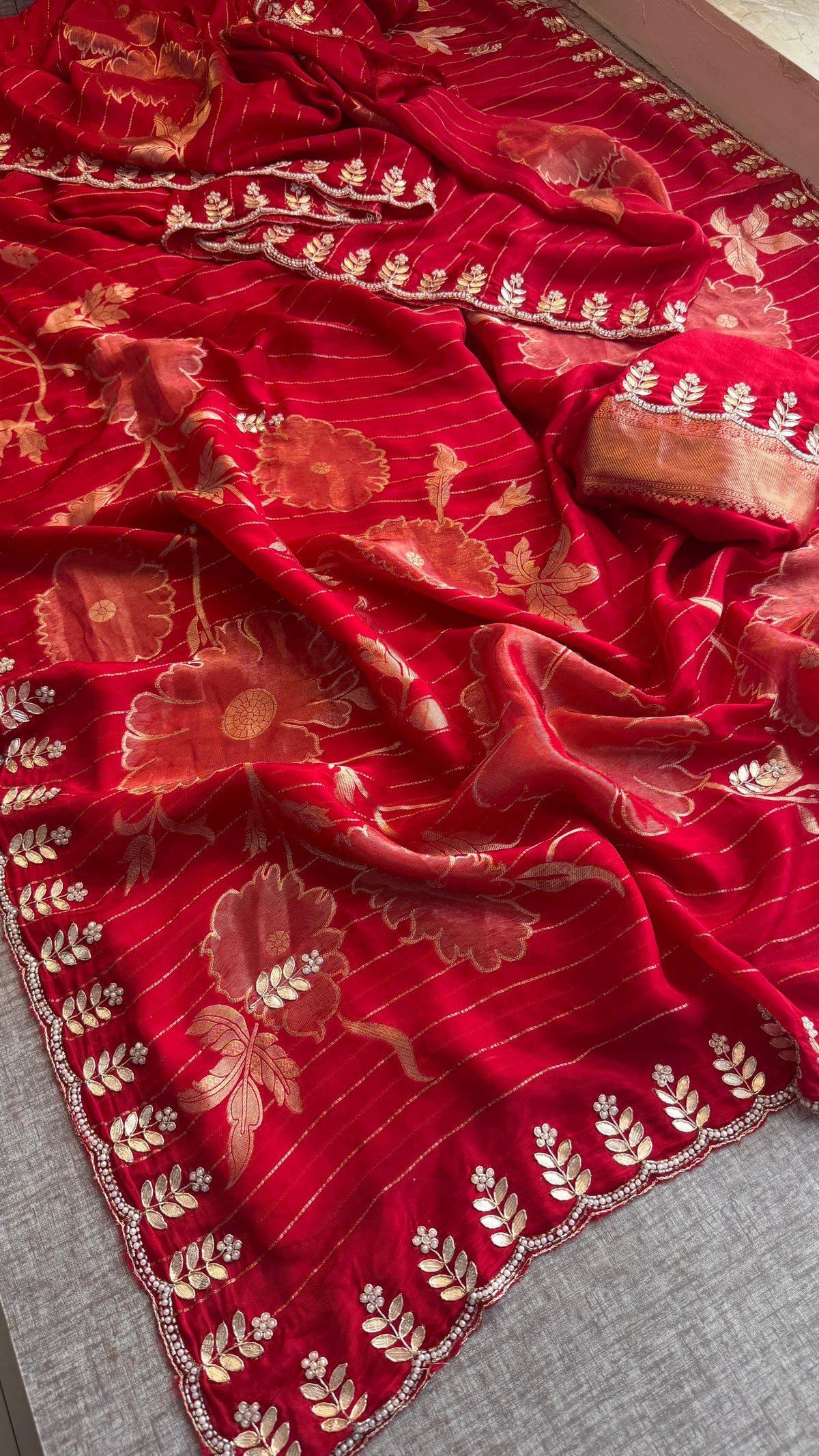 Pure Crepe Silk Banarasi Saree with Zardozi, Pearl & Sequins Work