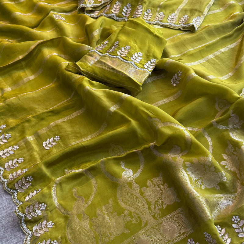 Pure Crepe Silk Banarasi Saree with Zardozi, Pearl & Sequins Work