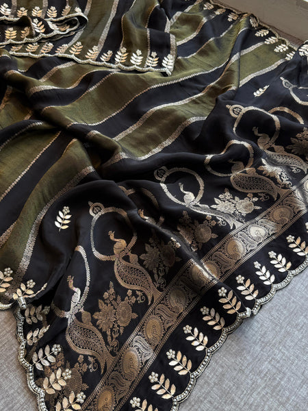 Pure Crepe Silk Banarasi Saree with Zardozi, Pearl & Sequins Work
