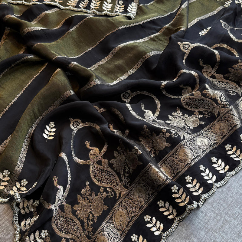 Pure Crepe Silk Banarasi Saree with Zardozi, Pearl & Sequins Work