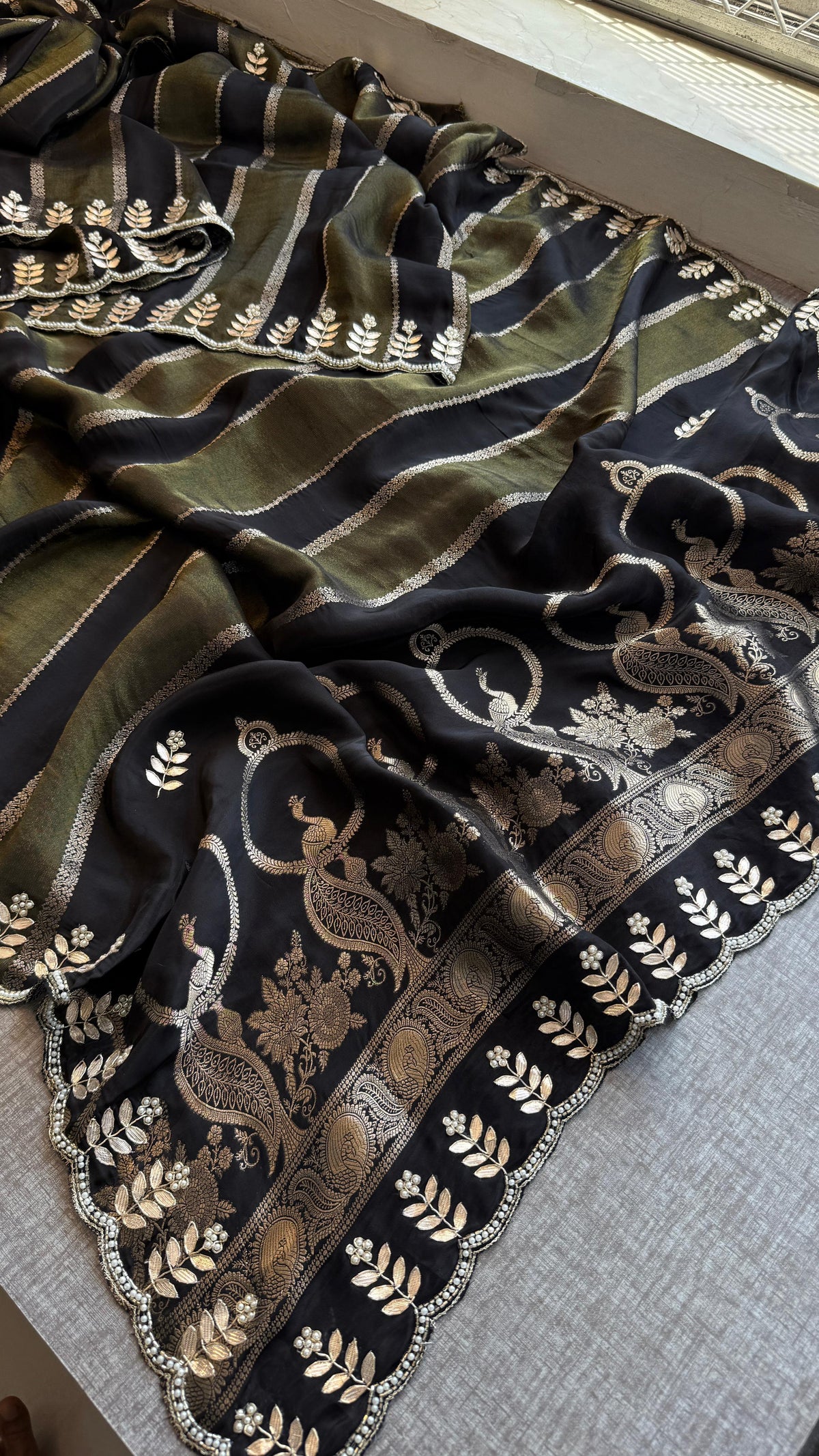 Pure Crepe Silk Banarasi Saree with Zardozi, Pearl & Sequins Work
