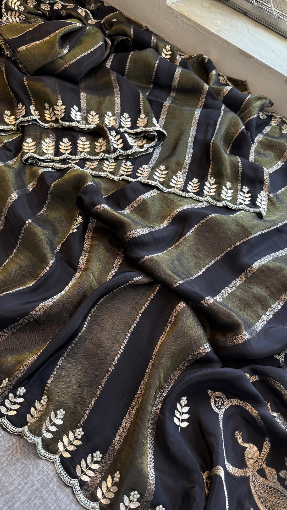 Pure Crepe Silk Banarasi Saree with Zardozi, Pearl & Sequins Work