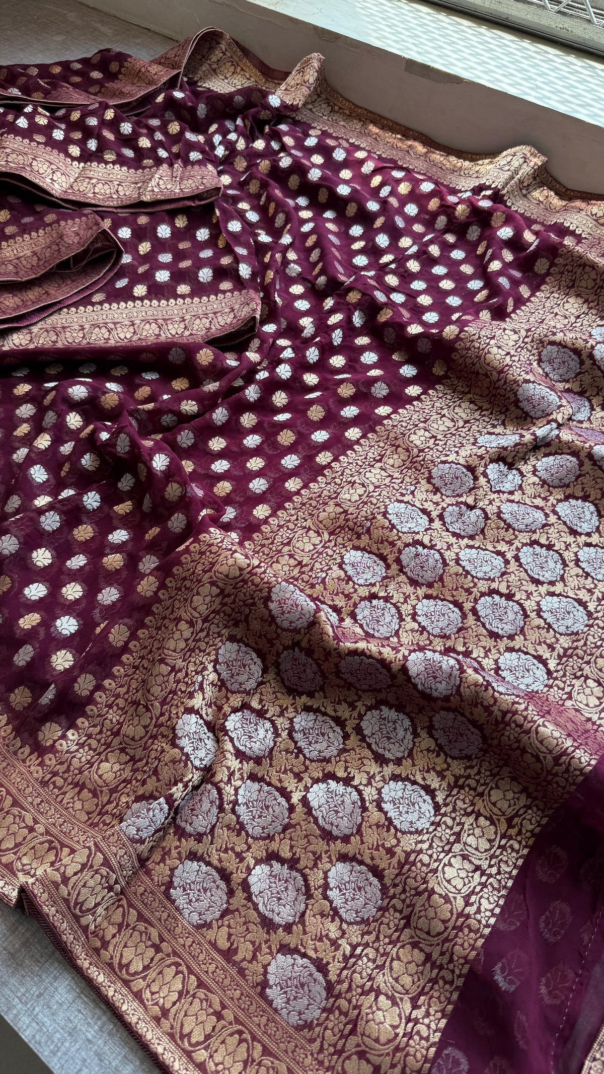Pure Khaddi Georgette Banarasi Silk Saree in Traditional Weaving Design