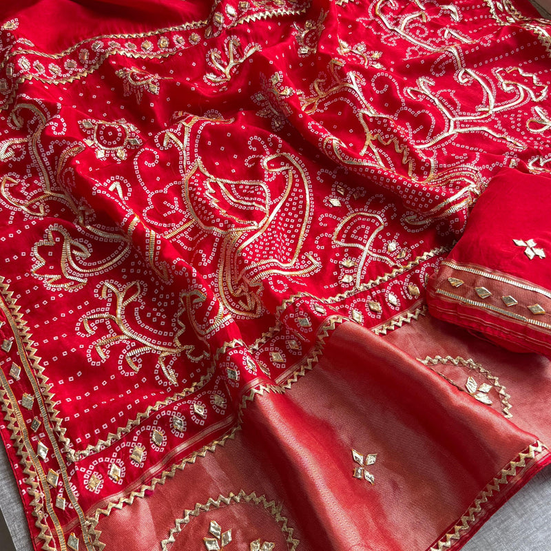 Pure Munga Silk Saree with Traditional Sikhiya Gotapatti Work