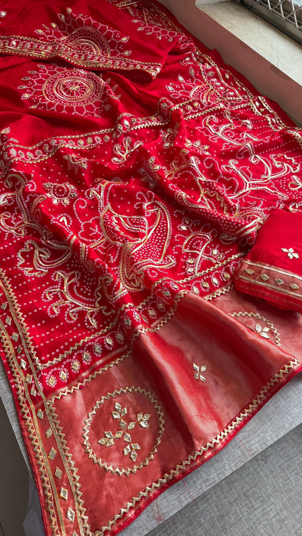 Pure Munga Silk Saree with Traditional Sikhiya Gotapatti Work