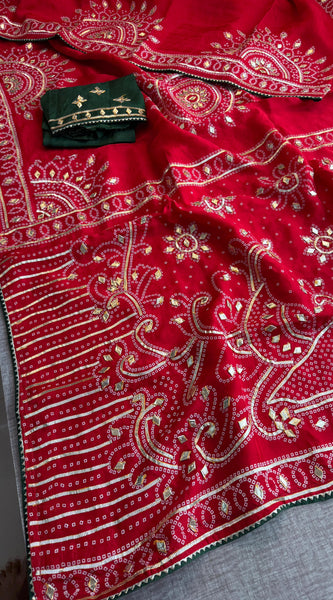 Pure Munga Silk Saree with Traditional Sikhiya Gotapatti Work