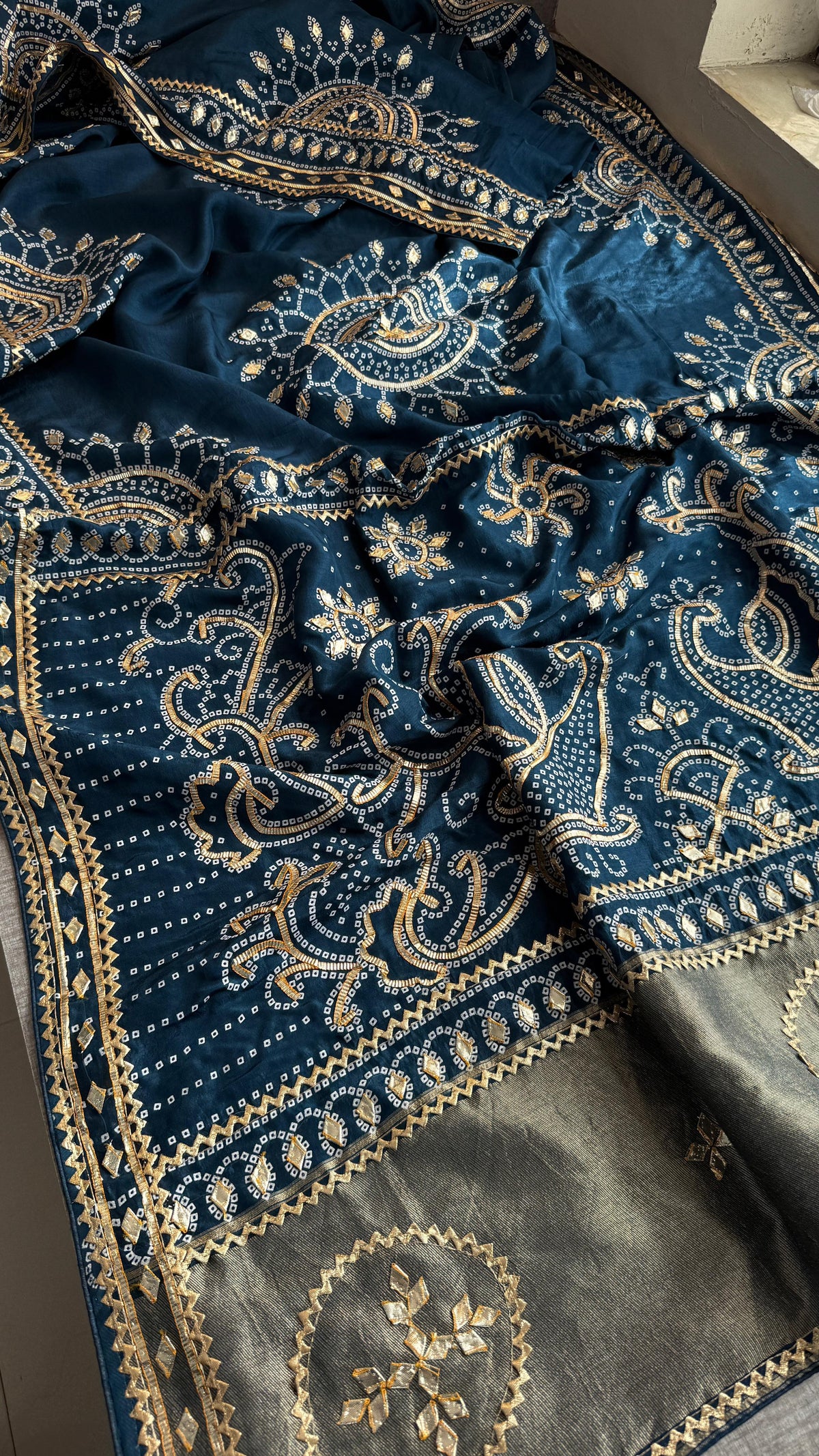 Pure Munga Silk Saree with Traditional Sikhiya Gotapatti Work
