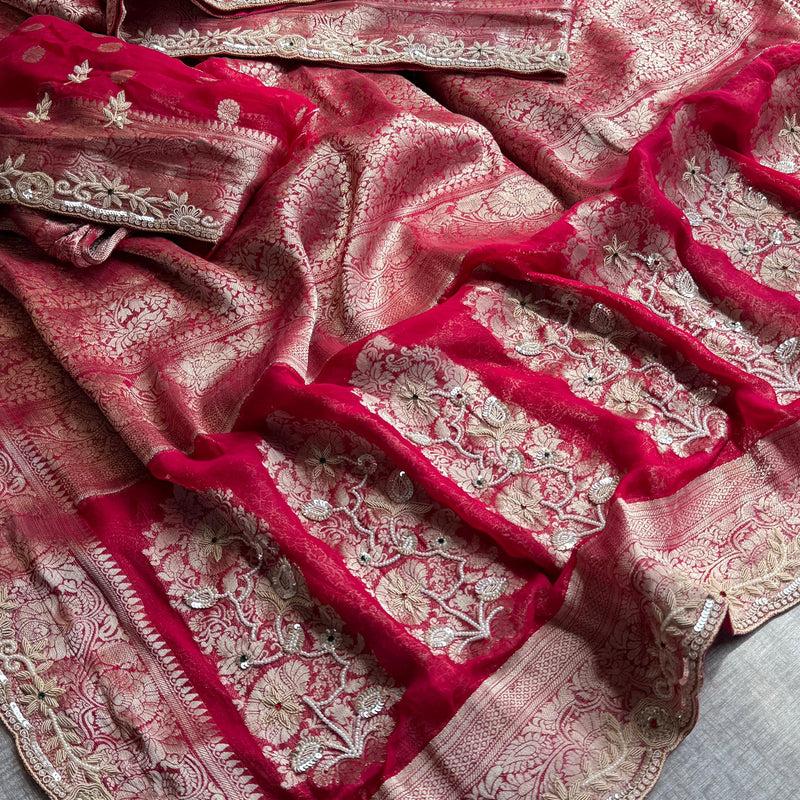 Khaddi Georgette Banarasi Silk Saree with Zardozi & Premium Stone Work 8