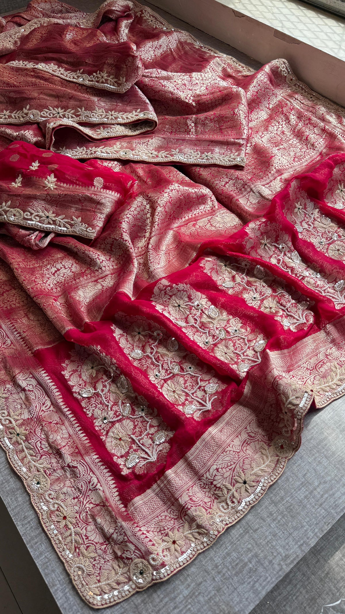 Khaddi Georgette Banarasi Silk Saree with Zardozi & Premium Stone Work