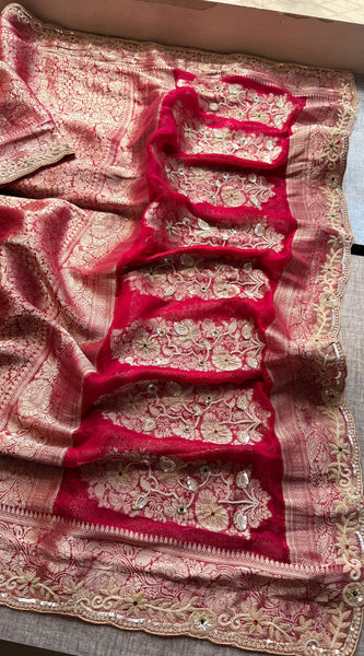 Khaddi Georgette Banarasi Silk Saree with Zardozi & Premium Stone Work 8
