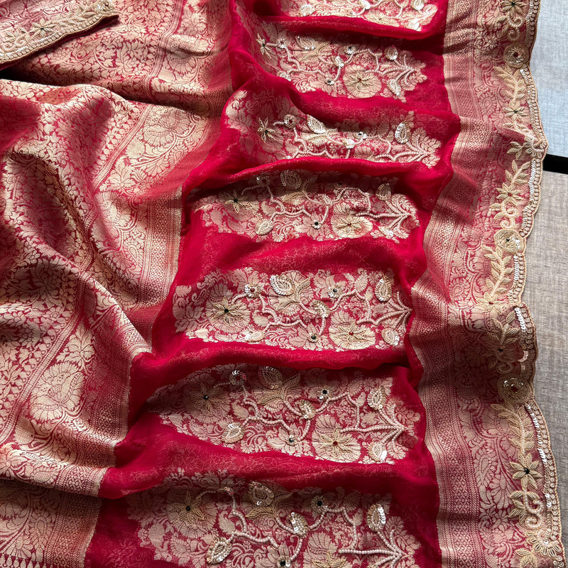 Khaddi Georgette Banarasi Silk Saree with Zardozi & Premium Stone Work 8