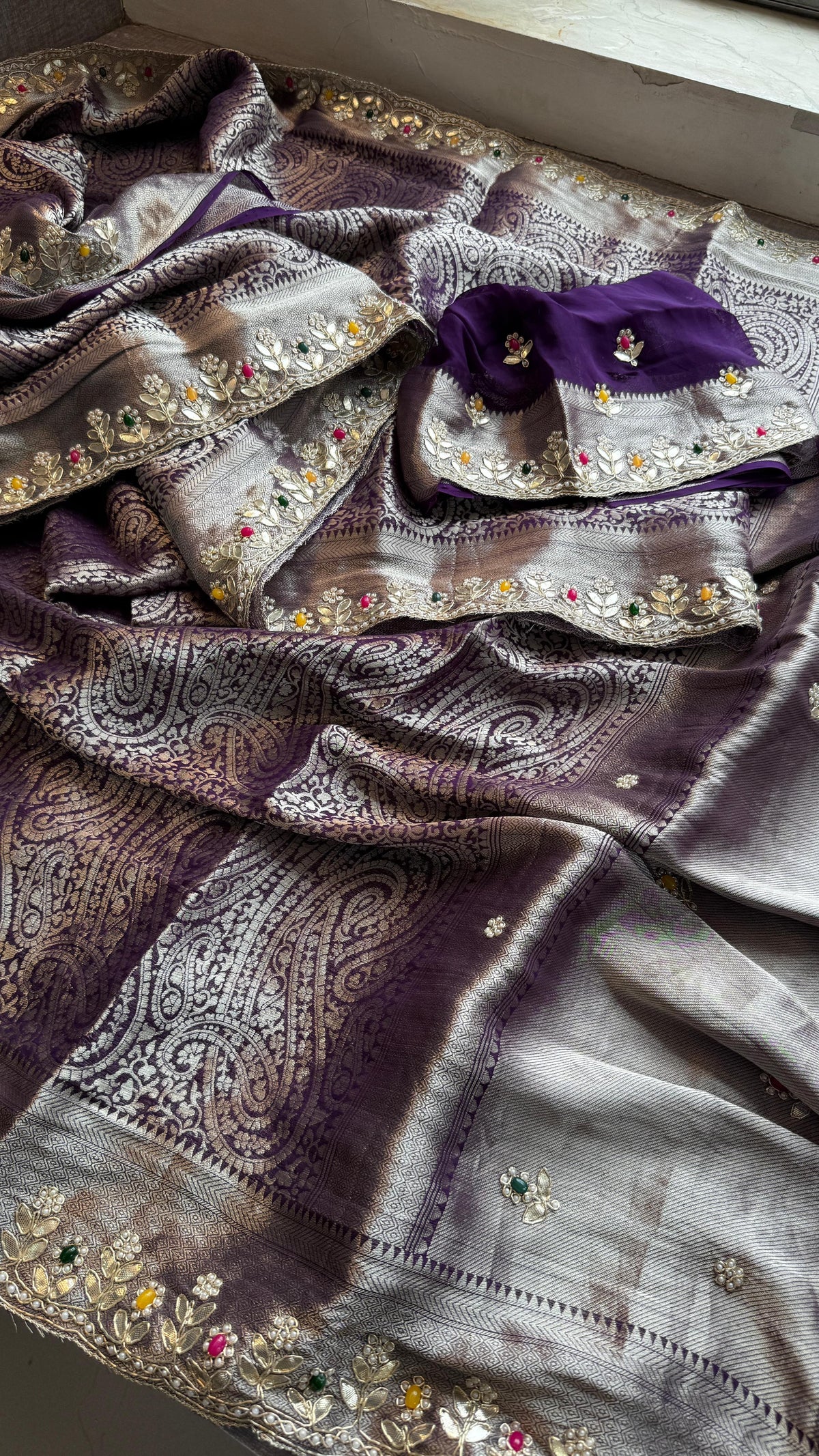 Khaddi Georgette Banarasi Silk Saree with Zardozi & Gotapatti Detailing