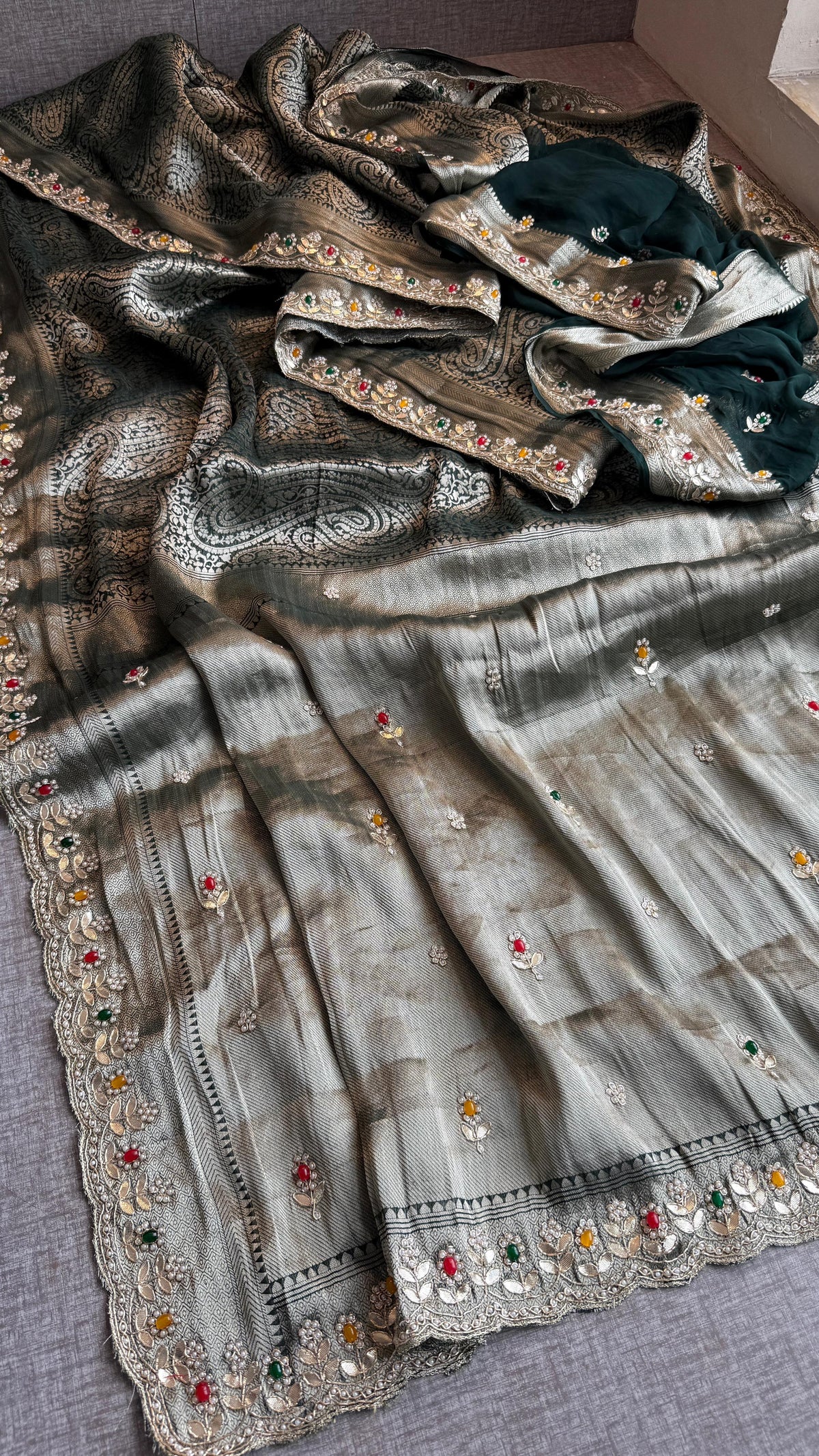 Khaddi Georgette Banarasi Silk Saree with Zardozi & Gotapatti Detailing