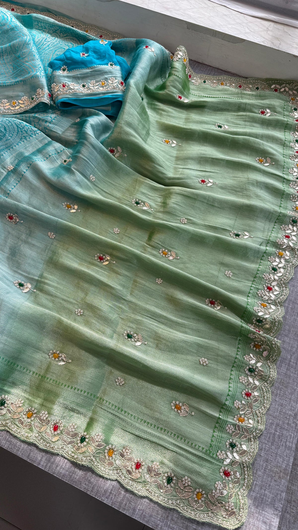 Khaddi Georgette Banarasi Silk Saree with Zardozi & Gotapatti Detailing