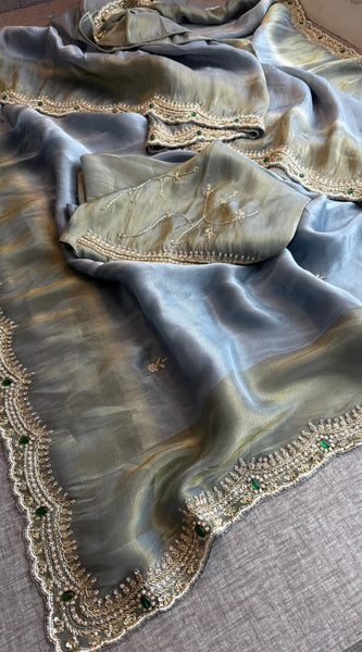 Soft Tissue Munga Silk Saree with Zardozi & Stone Hand Embellishment