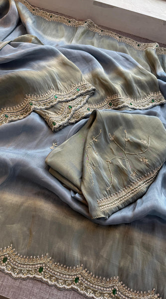 Soft Tissue Munga Silk Saree with Zardozi & Stone Hand Embellishment