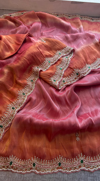 Soft Tissue Munga Silk Saree with Zardozi & Stone Hand Embellishment