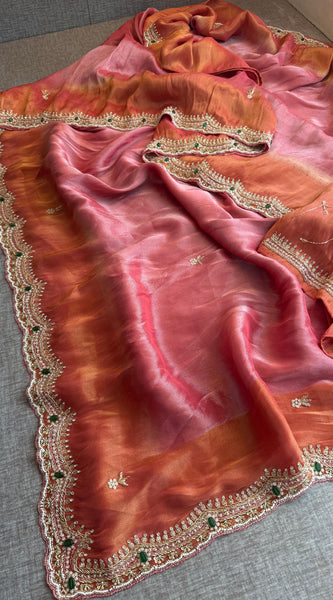 Soft Tissue Munga Silk Saree with Zardozi & Stone Hand Embellishment