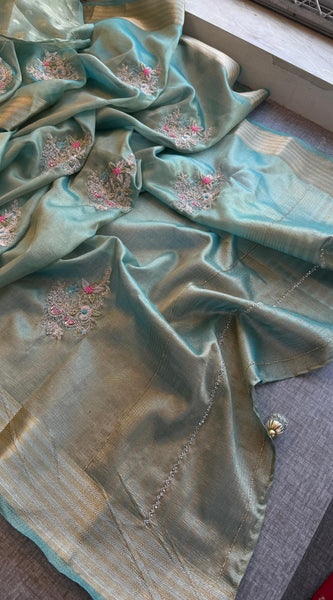 Crush Tissue Handloom Silk Banarasi Saree with Zardozi & Pearl Work