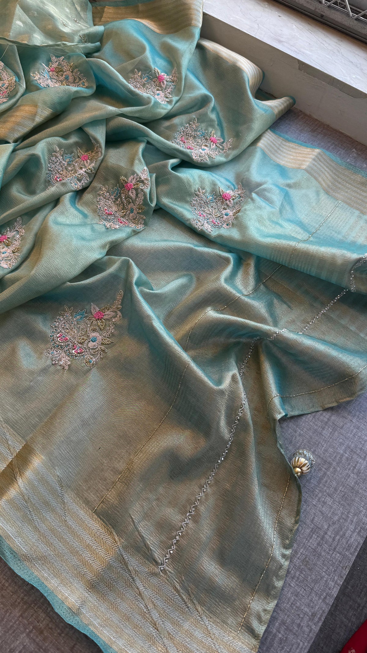 Crush Tissue Handloom Silk Banarasi Saree with Zardozi & Pearl Work