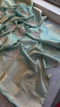 Crush Tissue Handloom Silk Banarasi Saree with Zardozi & Pearl Work