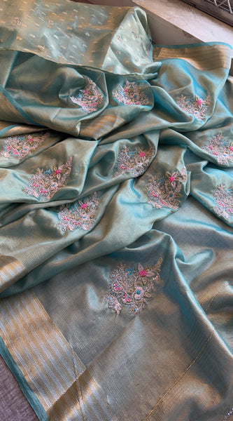 Crush Tissue Handloom Silk Banarasi Saree with Zardozi & Pearl Work