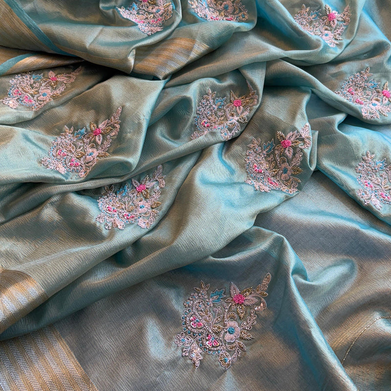 Crush Tissue Handloom Silk Banarasi Saree with Zardozi & Pearl Work