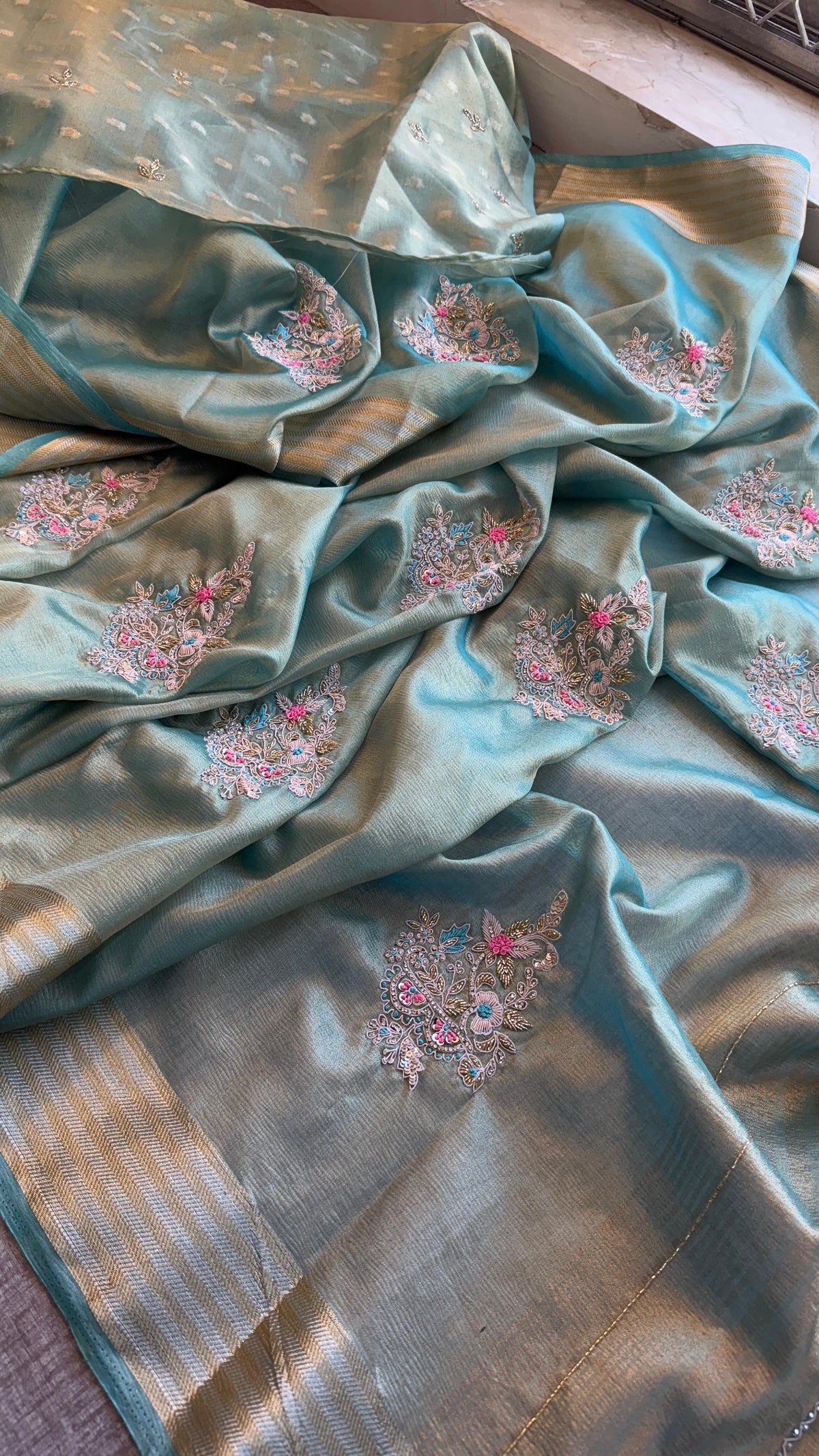 Crush Tissue Handloom Silk Banarasi Saree with Zardozi & Pearl Work
