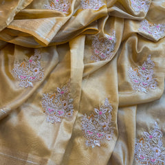 Crush Tissue Handloom Silk Banarasi Saree with Zardozi & Pearl Work